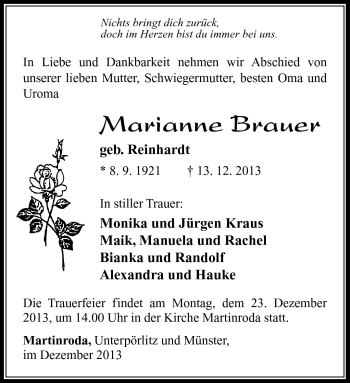 Traueranzeige von Marianne Brauer von Südthüringer Presse