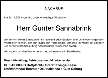 Traueranzeige von Gunter Sannabrink von Neue Presse Coburg