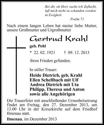 Traueranzeige von Gertrud Krahl von Südthüringer Presse