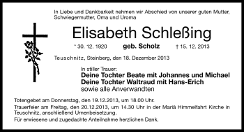 Traueranzeige von Elisabeth Schleßing von Neue Presse Coburg
