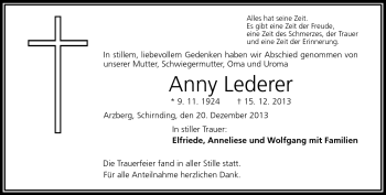 Traueranzeige von Anny Lederer von Frankenpost