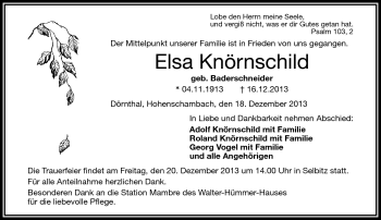 Traueranzeige von Elsa Knörnschild von Frankenpost