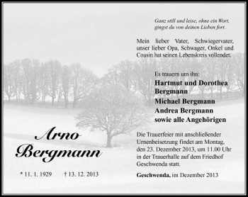 Traueranzeige von Arno Bergmann von Südthüringer Presse