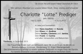 Traueranzeige von Charlotte Prediger von Neue Presse Coburg