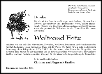 Traueranzeige von Waltraud Fritz von Südthüringer Presse