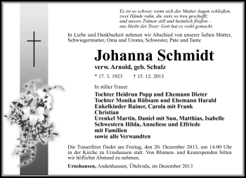 Traueranzeige von Johanna Schmidt von Südthüringer Presse