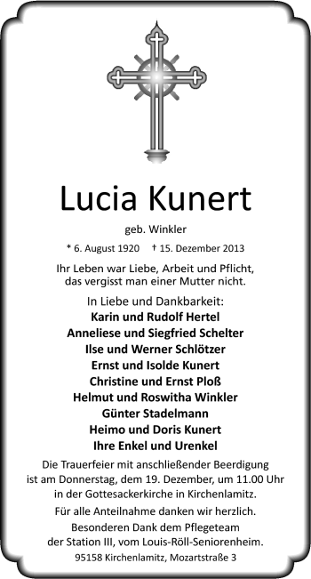 Traueranzeige von Lucia Kunert von Frankenpost