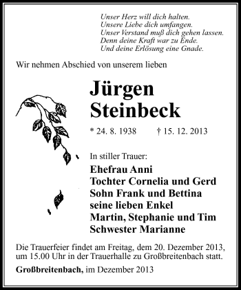 Traueranzeige von Jürgen Steinbeck von Südthüringer Presse