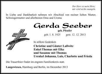 Traueranzeige von Gerda Seeber von Südthüringer Presse