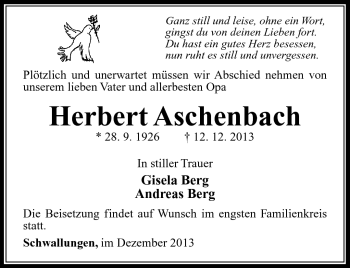 Traueranzeige von Herbert Aschenbach von Südthüringer Presse