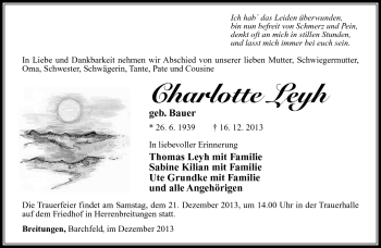 Traueranzeige von Charlotte Leyh von Südthüringer Presse