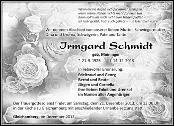 Traueranzeige von Irmgard Schmidt von Südthüringer Presse
