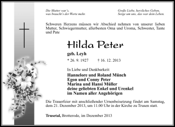 Traueranzeige von Hilda Peter von Südthüringer Presse