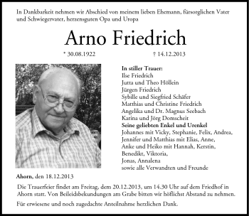 Traueranzeige von Arno Friedrich von Neue Presse Coburg