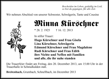 Traueranzeige von Minna Kürschner von Südthüringer Presse