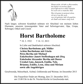 Traueranzeige von Horst Bartholome von Südthüringer Presse
