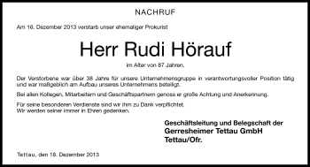 Traueranzeige von Rudi Hörauf von Neue Presse Coburg