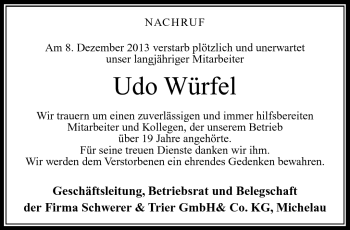 Traueranzeige von Udo Würfel von Südthüringer Presse