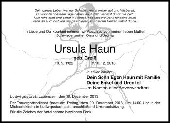 Traueranzeige von Ursula Haun von Neue Presse Coburg