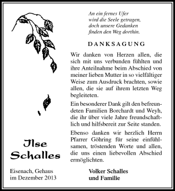 Traueranzeige von Ilse Schalles von Südthüringer Presse
