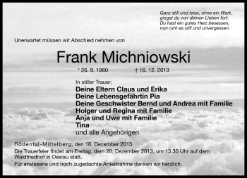 Traueranzeige von Frank Michniowski von Neue Presse Coburg