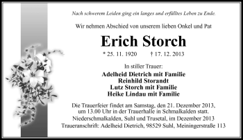 Traueranzeige von Erich Storch von Südthüringer Presse
