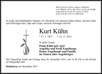 Traueranzeige von Kurt Kühn von Südthüringer Presse