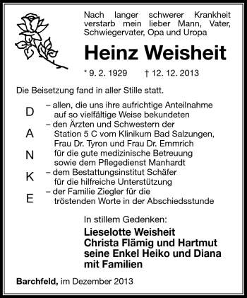 Traueranzeige von Heinz Weisheit von Südthüringer Presse
