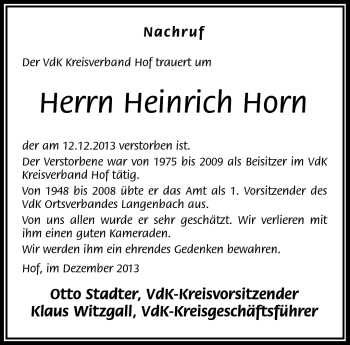 Traueranzeige von Heinrich Horn von Frankenpost