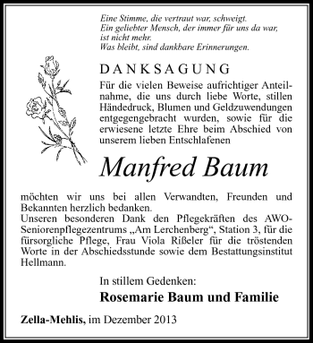 Traueranzeige von Manfred Baum von Südthüringer Presse