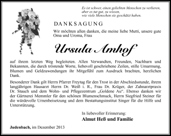 Traueranzeige von Ursula Amhof von Südthüringer Presse