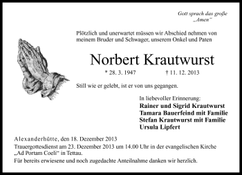 Traueranzeige von Norbert Krautwurst von Neue Presse Coburg