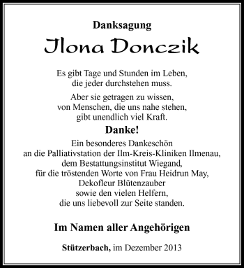 Traueranzeige von Ilona Donczik von Südthüringer Presse