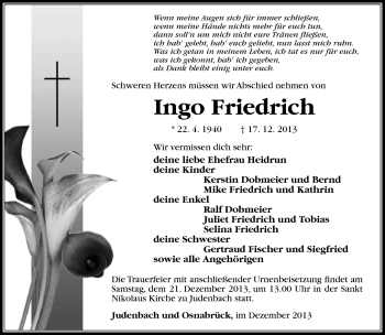 Traueranzeige von Ingo Friedrich von Südthüringer Presse