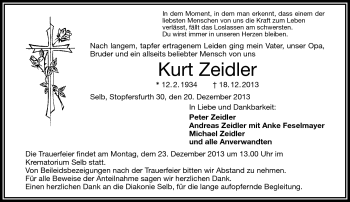 Traueranzeige von Kurt Zeidler von Frankenpost