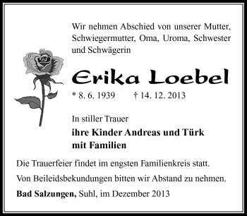 Traueranzeige von Erika Loebel von Südthüringer Presse