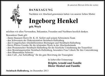 Traueranzeige von Ingeborg Henkel von Südthüringer Presse