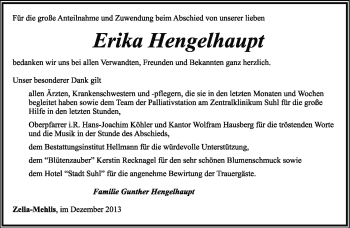 Traueranzeige von Erika Hengelhaupt von Südthüringer Presse
