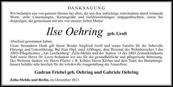 Traueranzeige von Ilse Oehring von Südthüringer Presse