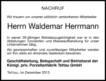 Traueranzeige von Waldemar Herrmann von Neue Presse Coburg