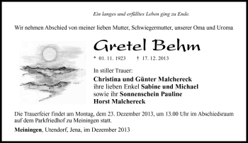 Traueranzeige von Gretel Behm von Südthüringer Presse