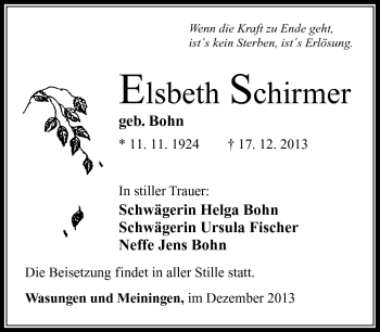 Traueranzeige von Elsbeth Schirmer von Südthüringer Presse
