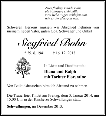 Traueranzeige von Siegfried Bohn von Südthüringer Presse