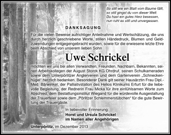 Traueranzeige von Uwe Schrickel von Südthüringer Presse