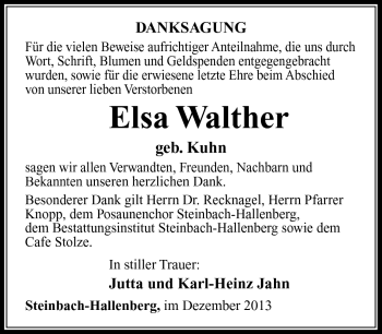 Traueranzeige von Elsa Walther von Südthüringer Presse