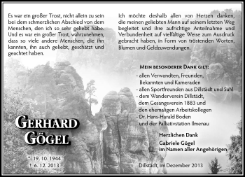 Traueranzeige von Gerhard Gögel von Südthüringer Presse