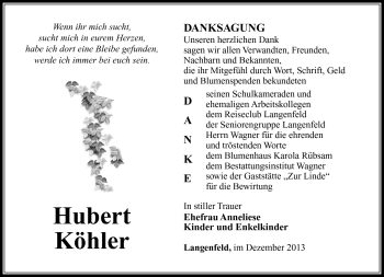 Traueranzeige von Hubert Köhler von Südthüringer Presse
