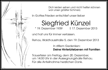 Traueranzeige von Siegfried Künzel von Frankenpost