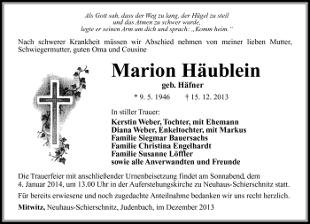 Traueranzeige von Marion Häublein von Südthüringer Presse