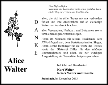 Traueranzeige von Alice Walter von Südthüringer Presse